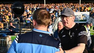 <p>FRUSTRATED: Clare manager Brian Lohan with his Dublin counterpart Niall Ó Ceallacháin after their All-Ireland SHC quarter final in in Thurles. Pic: David Fitzgerald/Sportsfile</p>