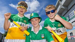 <p>KEEP THE FAITH: Offaly fans John-Joe Carey, Kyle Dunne and Evan Dunne. Pic: INPHO/Tom O'Hanlon</p>
