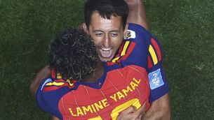 <p>Spain's Lamine Yamal (19) celebrates with Mikel Oyarzabal after scoring against Saudi Arabia in Atlanta Pic AP Photo/Colin Hubbard</p> <p>Spain's Lamine Yamal (19) celebrates with Mikel Oyarzabal after scoring against Saudi Arabia in Atlanta Pic AP Photo/Colin Hubbard</p>