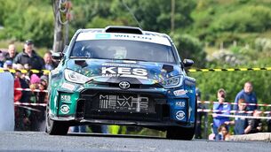 <p>Kris Meeke/Liam Regan (Toyota GR Yaris Rally2) led the Wilton Recycling Donegal International Rally after Friday's stages. Picture: Martin Walsh. </p> <p>Kris Meeke/Liam Regan (Toyota GR Yaris Rally2) led the Wilton Recycling Donegal International Rally after Friday's stages. Picture: Martin Walsh. </p>