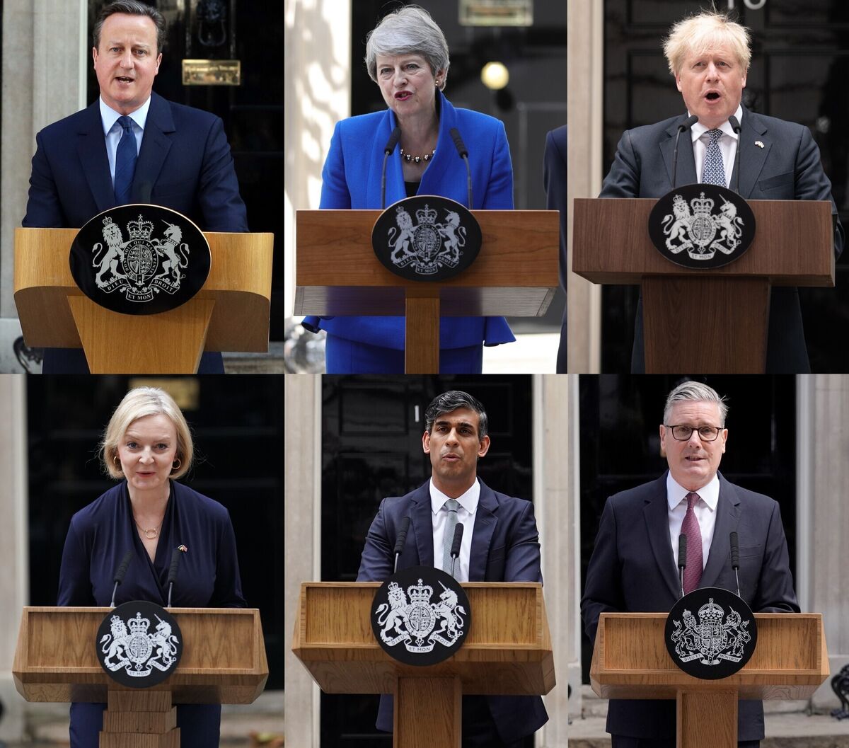 A composite of the last six British prime ministers delivering their resignation speeches outside No 10 Downing Street. Top row, left to right: David Cameron, Theresa May, and Boris Johnson. Bottom row, left to right: Liz Truss, Rishi Sunak and Keir Starmer. Picture: PA