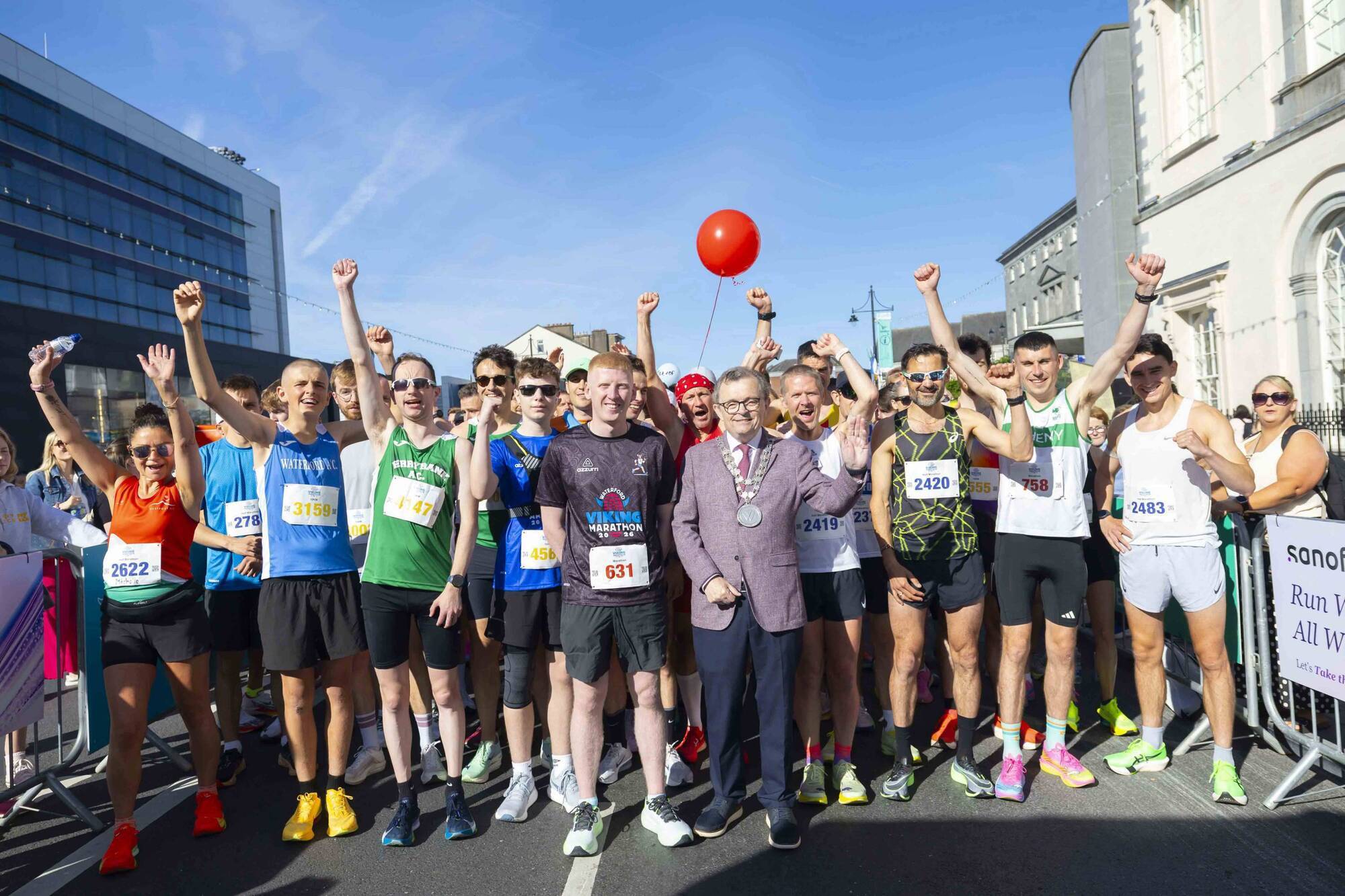 Pictured at the WLR Waterford Viking Marathon 2026 is Mayor of Waterford City & County Cllr Seamus Ryan with Ireland’s youngest Mt Everest summiteer lead at the WLR Waterford Viking Marathon, Adam Sweeney at the start line. Photograph: Patrick Browne 