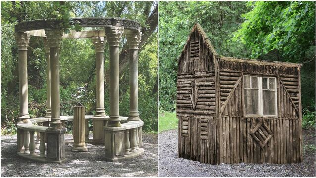 <p>A circular stone pavilion or temple, left, and a rustic timber summerhouse from Kilkenny Castle at Sheppard's.</p>