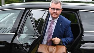 <p>Jeffrey Donaldson arriving at Newry courthouse on Monday. Picture: Charles McQuillan/Getty Images</p>