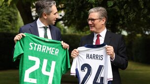 <p>Then taoiseach Simon Harris and British prime minister Keir Starmer with their team shirts at Farmleigh House ahead of the Republic of Ireland v England match on September 7, 2024. File picture</p> <p>Then taoiseach Simon Harris and British prime minister Keir Starmer with their team shirts at Farmleigh House ahead of the Republic of Ireland v England match on September 7, 2024. File picture</p>