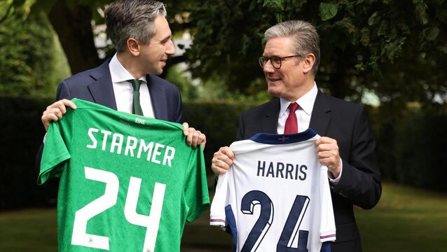 <p>Then taoiseach Simon Harris and British prime minister Keir Starmer with their team shirts at Farmleigh House ahead of the Republic of Ireland v England match on September 7, 2024. File picture</p>