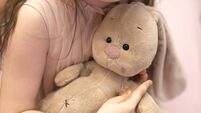 A girl, a brunette of seven years with a plush hare in her hands.