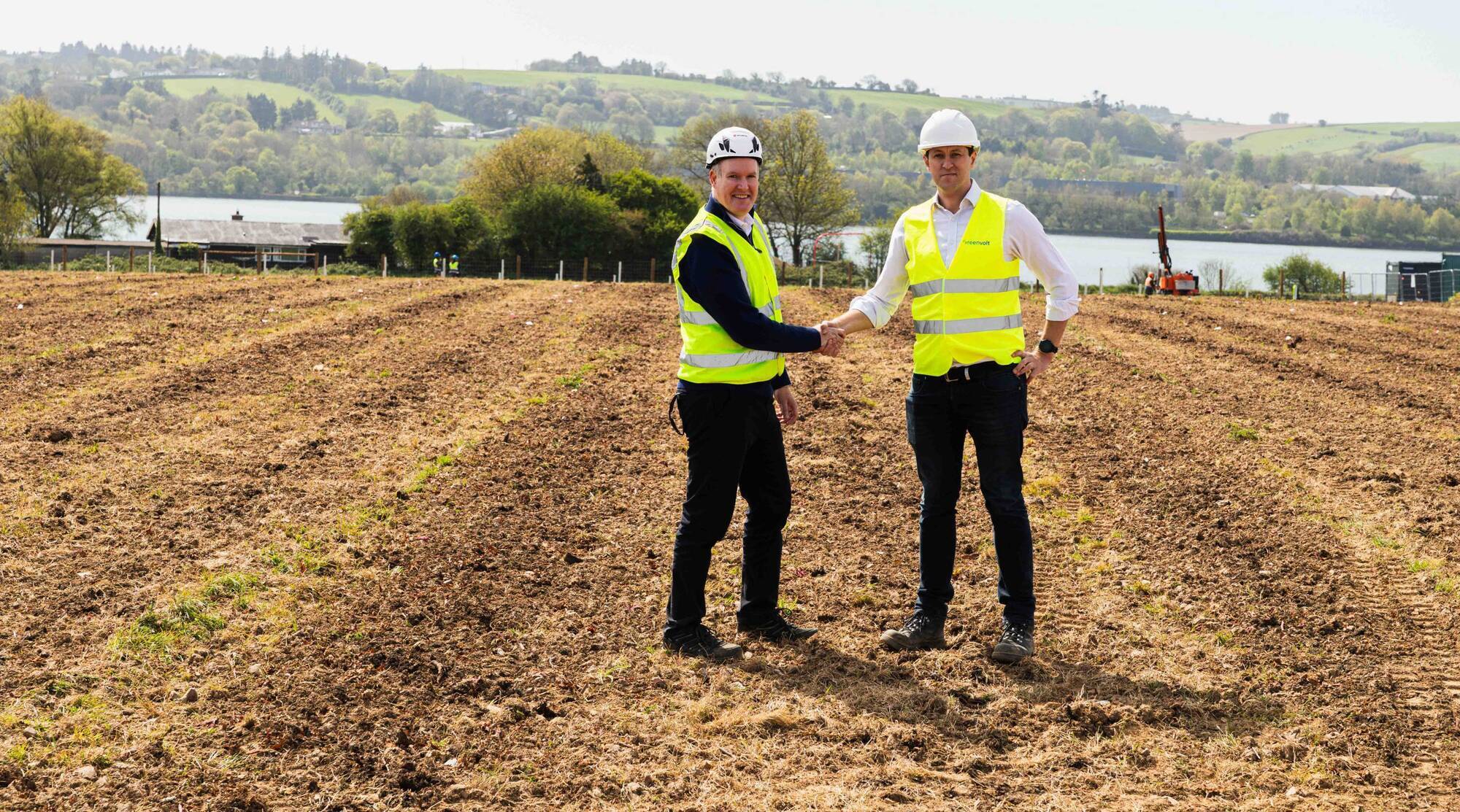 Declan Cullinane (left), managing director of Amarenco and Ken Gaine (right), business development director of Greenvolt Next. The two firms said there are ecological plans to increase the biodiversity of each location, integrating a soil health monitoring programme across all three sites.