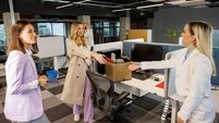 New female employee meeting colleagues on first day on new job in modern office
