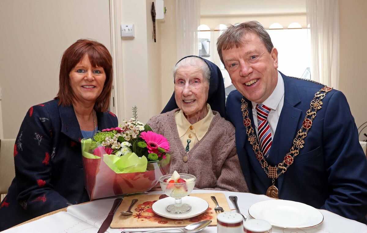  Sr Colette Hickey, meeting then lord mayor Tony Fitzgerand and his wife Georgina on Sr Colette's 100th birthday at her home in Baile an Aoire, Montenotte, Cork. File picture: Jim Coughlan