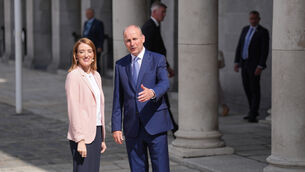 <p>Taoiseach Micheal Martin greets President of the European Parliament Roberta Metsola as they arrive at Dublin Castle for a meeting on Tuesday. Picture: Niall Carson/PA</p> <p>Taoiseach Micheal Martin greets President of the European Parliament Roberta Metsola as they arrive at Dublin Castle for a meeting on Tuesday. Picture: Niall Carson/PA</p>