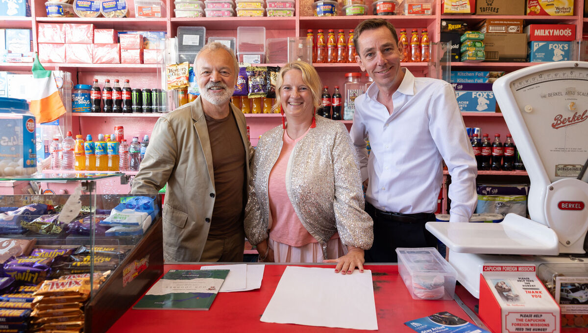 Eimear O’Herlihy, director of the West Cork Literary Festival (WCLF), at the 2025 West Cork Literary Festival with Ryan Tubirdy and Graham Norton at Evans Store, Bantry. Photo: Darragh Kane