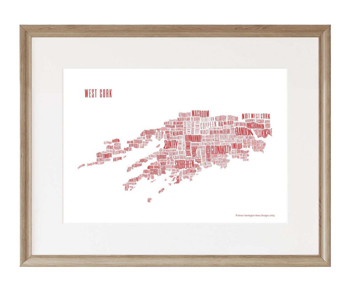The striking West Cork map poster, by Anne Harrington Rees. The striking West Cork map poster, by Anne Harrington Rees.