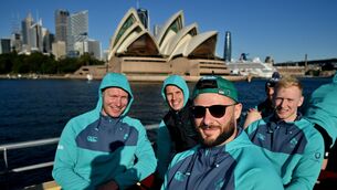 <p>HARBOUR CRUISE: Ireland's Ciarán Frawley, Sam Prendergast, Robbie Henshaw and Jamie Osborne take a ferry to Manly after touching down in Sydney ahead of their opening July 4 fixture against Australia in the southern hemisphere portion of the inaugural Rugby Nations Championship. Pic: Brendan Moran/Sportsfile</p> <p>HARBOUR CRUISE: Ireland's Ciarán Frawley, Sam Prendergast, Robbie Henshaw and Jamie Osborne take a ferry to Manly after touching down in Sydney ahead of their opening July 4 fixture against Australia in the southern hemisphere portion of the inaugural Rugby Nations Championship. Pic: Brendan Moran/Sportsfile</p>