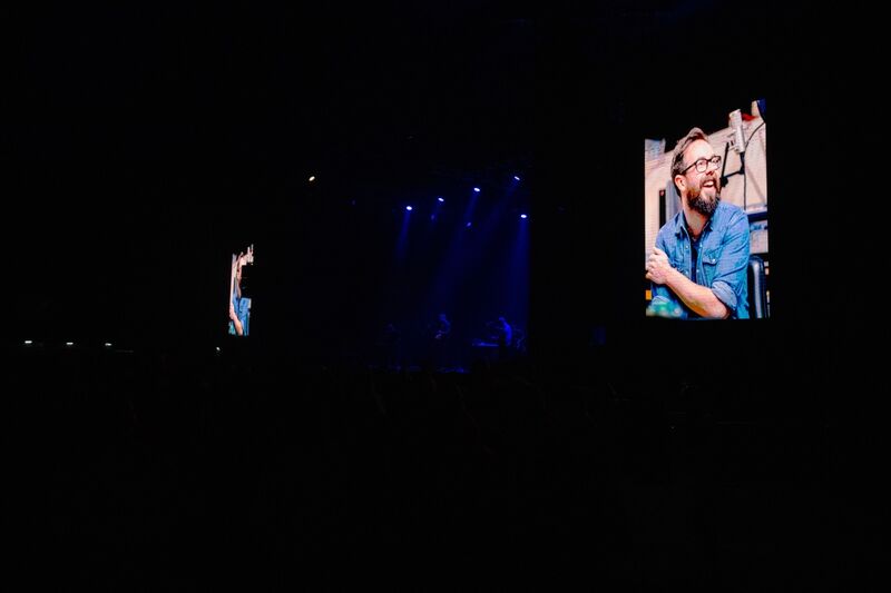 A photograph of the late Glenn Keating, friend and collaborator of Bell X1, is displayed on the big screens during the band’s concert. Picture: Chani Anderson A photograph of the late Glenn Keating, friend and collaborator of Bell X1, is displayed on the big screens during the band’s concert. Picture: Chani Anderson
