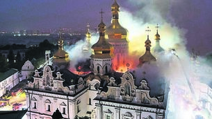 <p class="contextmenu internal_Caption">The Dormition Cathedral of 1,000-year-old Monastery of Caves on fire following a Russian strike on Kyiv, Ukraine, last week. Inviting Russia to join the EU might end the stalemate of war between the countries. 	<span class="contextmenu emphasis CaptionCredit"> Picture: Evgeniy Maloletka/AP</span>
            </p>