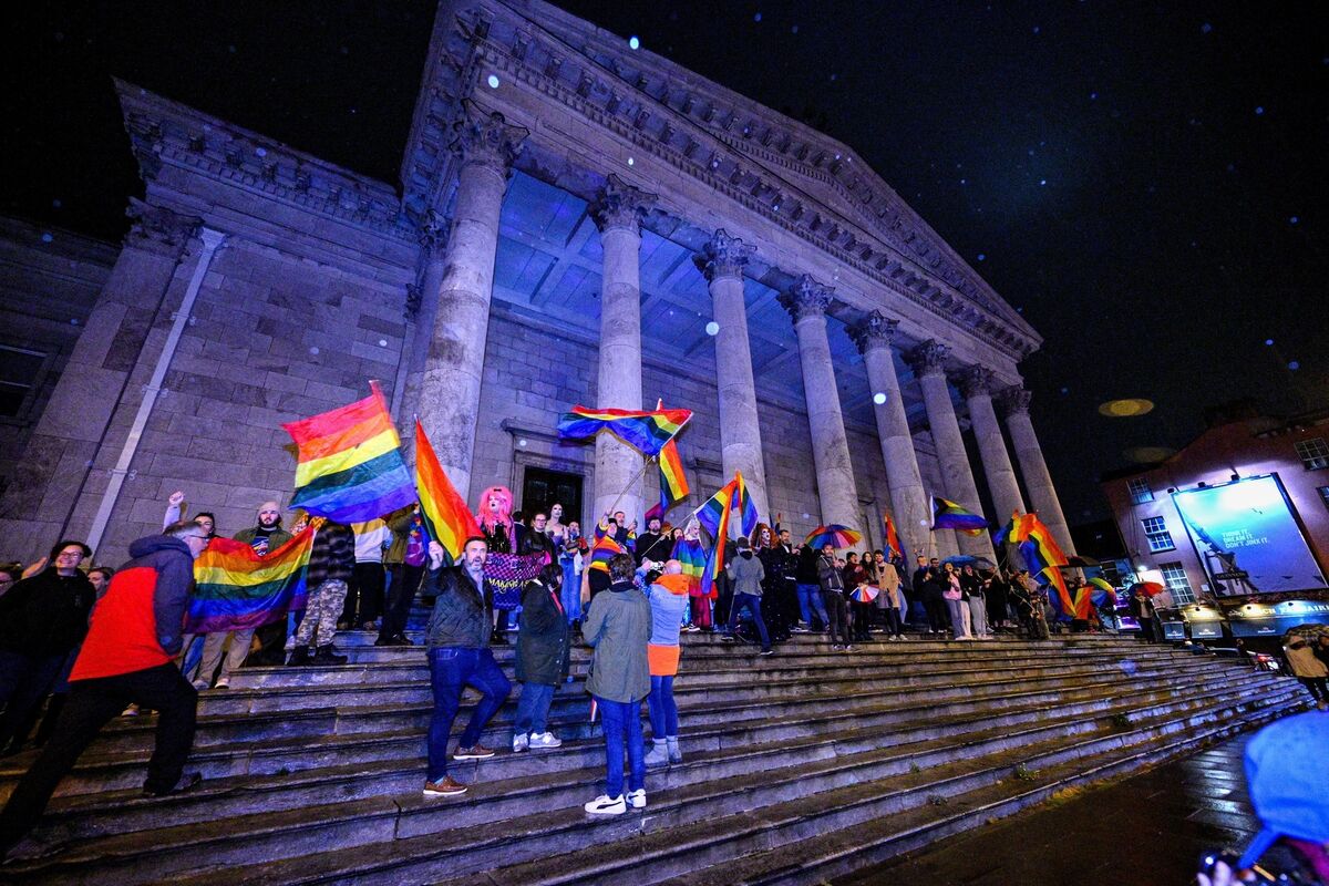  Hundreds of Cork City's LGBTQ+ community gathered on steps of the courthouse in Washington St opposite the venue formerly known as "Chambers", in a peaceful but lively protest, rallying against the Pub’s surprise decision in 2023 to disassociate itself from the community by painting over its rainbow facade, firing drag acts booked for future performances and changing its name to Sinners Picture: Chani Anderson