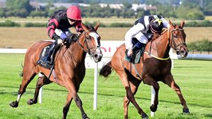 <p>REBEL MOON RISING: Rebel Moon and Dylan Browne McMonagle (left) win the Al Shira'aa Racing Irish EBF Jannah Rose Stakes (Group 3) from Caught U Sleeping (right).</p>