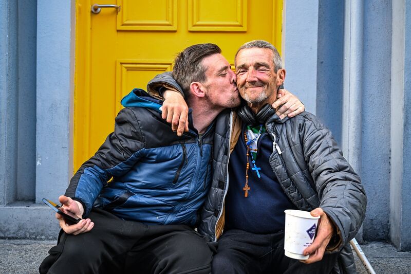 Darren Delaney and his father Tommy Matthews share a moment outside the Lighthouse centre. Darren Delaney and his father Tommy Matthews share a moment outside the Lighthouse centre.