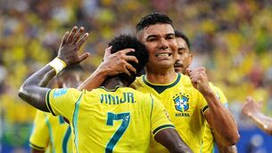 <p>Vinicius Junior celebrates his second in Miami. Picture: Martin Rickett/PA</p>