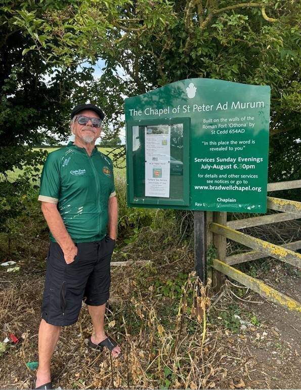 Aidan pictured at St Peter's Chapel, built by St Cedd. 