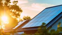 Solar panels on residential roof in closeup shot.