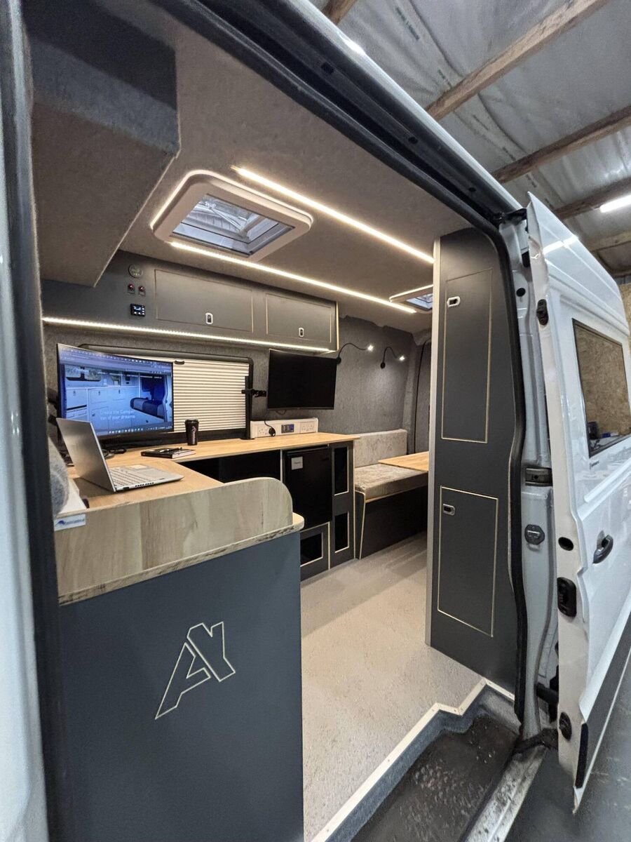 Slide the doors to see Hugh O'Daly's mobile workspace set-up. Slide the doors to see Hugh O'Daly's mobile workspace set-up.