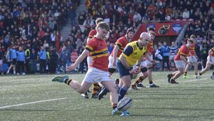 <p>Charlie O'Shea kicks a penalty during the Pinergy Boys Schools U19 Munster Senior Cup final. Pic: Dan Linehan</p>