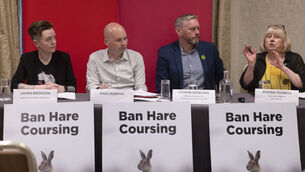 <p>From left: National Animal Rights Association spokesperson Laura Broxson; People Before Profit TD Paul Murphy; NSPCA director of advocacy Conor Dowling; and Irish Council Against Blood Sports campaign director Aideen Yourell at a press conference to announce the campaign to ban hare coursing to be discussed in the Dáil. Picture: Sam Boal/Collins</p>