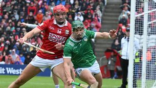 <p> Brian Hayes and Sean Finn in action during the Munster SHC final at Supervalu Pairc Ui Chaoimh on Sunday. Cork vs Limerick. Picture: Larry Cummins</p>