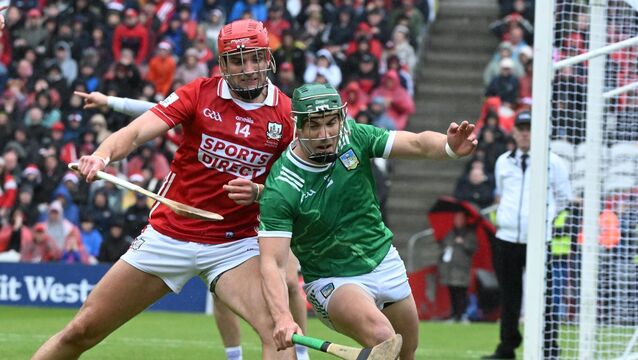 <p> Brian Hayes and Sean Finn in action during the Munster SHC final at Supervalu Pairc Ui Chaoimh on Sunday. Cork vs Limerick. Picture: Larry Cummins</p>
