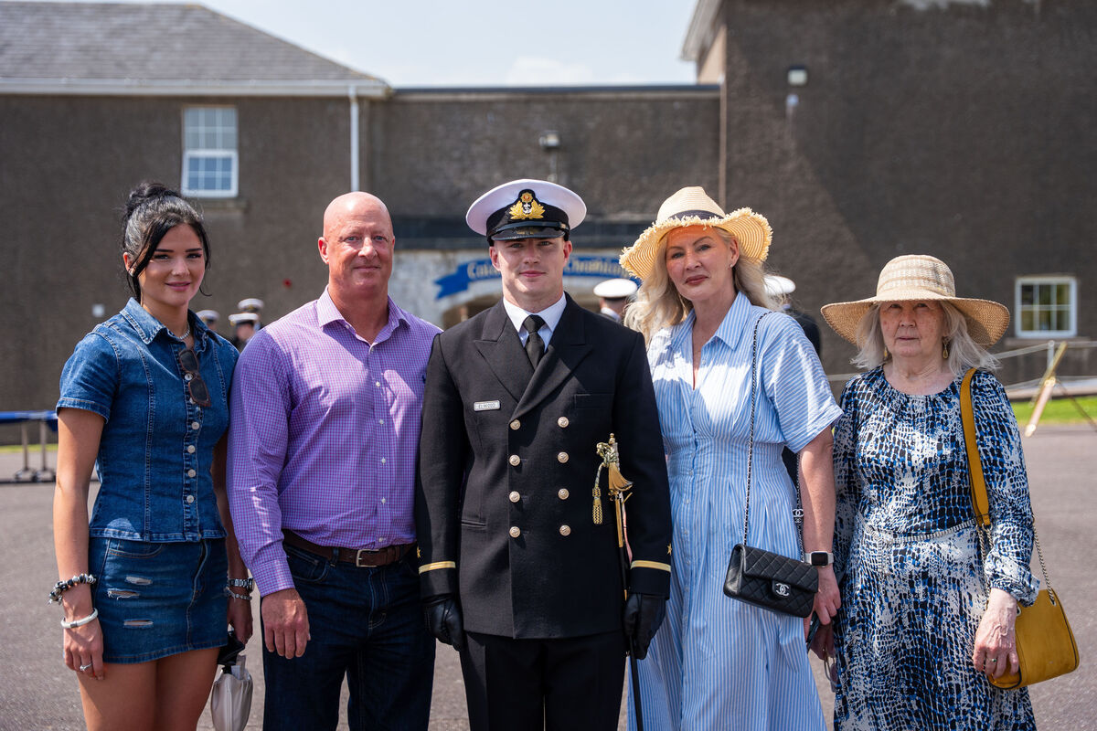 (Left to right) Emily Elwood, Graham Elwood, Naval graduate Ensign Jack McDonough-Elwood, Barbra McDonough and Rita McDonough at the commissioning ceremony of new officers at Haulbowline. Picture: Noel Sweeney (Left to right) Emily Elwood, Graham Elwood, Naval graduate Ensign Jack McDonough-Elwood, Barbra McDonough and Rita McDonough at the commissioning ceremony of new officers at Haulbowline. Picture: Noel Sweeney