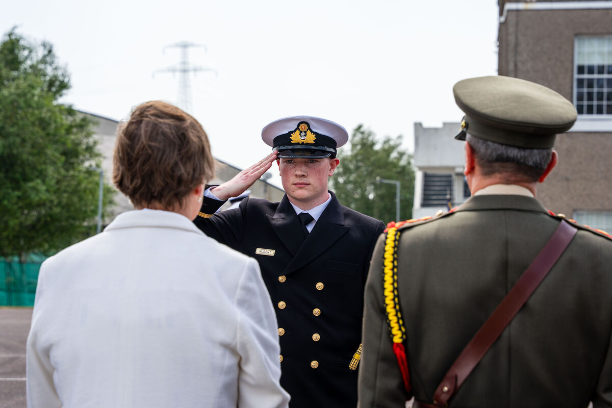 Micheál Desmond-Nugent (centre) salutes the Secretary General of the Department of Defence Jacqui McCrumm and Chief of Staff, Lieutenant Rossa Mulcahy during the naval graduation ceremony at Haulbowline Island. Picture: Noel Sweeney Micheál Desmond-Nugent (centre) salutes the Secretary General of the Department of Defence Jacqui McCrumm and Chief of Staff, Lieutenant Rossa Mulcahy during the naval graduation ceremony at Haulbowline Island. Picture: Noel Sweeney
