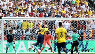 <p>EAST RUTHERFORD, NEW JERSEY - JUNE 25: Nilson Angulo #20 of Ecuador scores his team's first goal during the FIFA World Cup 2026 Group E match between Ecuador and Germany at New York New Jersey Stadium on June 25, 2026 in East Rutherford, New Jersey. (Photo by Alexander Hassenstein/Getty Images)</p>