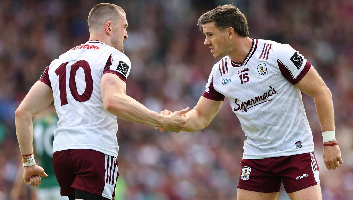Galway’s Céin Darcy celebrates a point with Shane Walsh during the win over Westmeath. Pic: ©INPHO/James Crombie Galway’s Céin Darcy celebrates a point with Shane Walsh during the win over Westmeath. Pic: ©INPHO/James Crombie