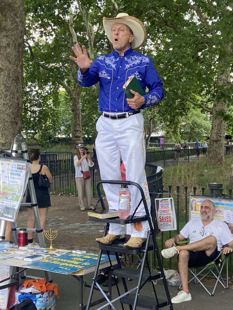 The Cowboy Preacher makes an appearance at Speaker's Corner. The Cowboy Preacher makes an appearance at Speaker's Corner.