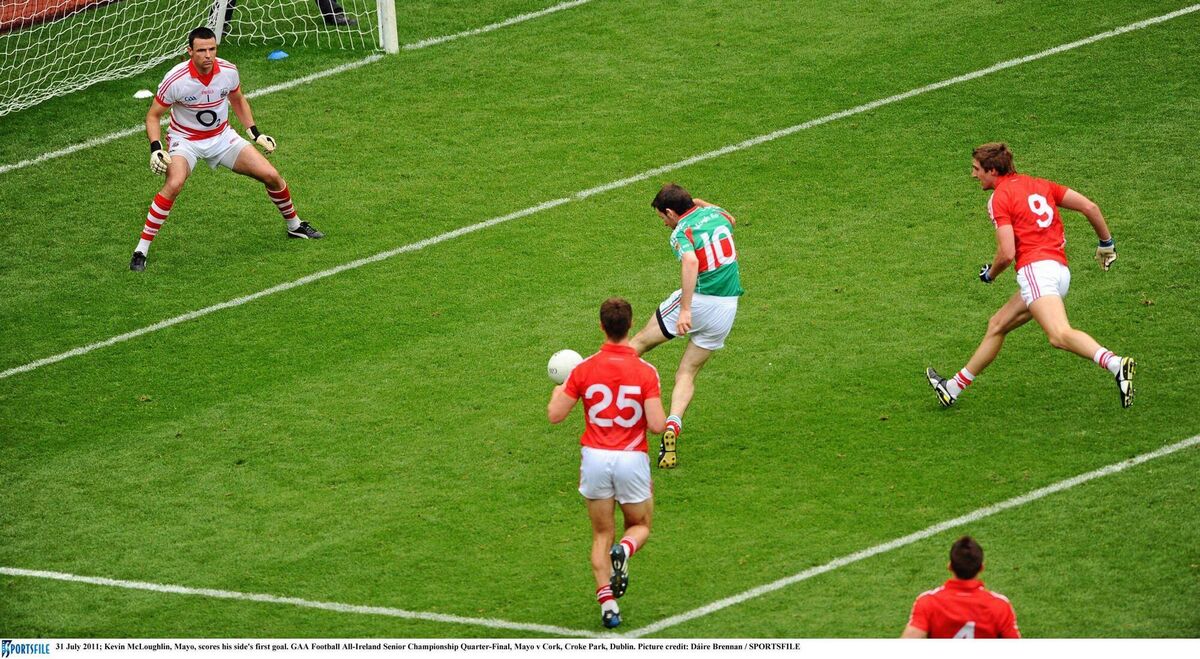 Kevin McLoughlin, Mayo, scores his side's goal during the 2011 All-Ireland SFC quarter-final against Cork. Pic: Dáire Brennan / SPORTSFILE
