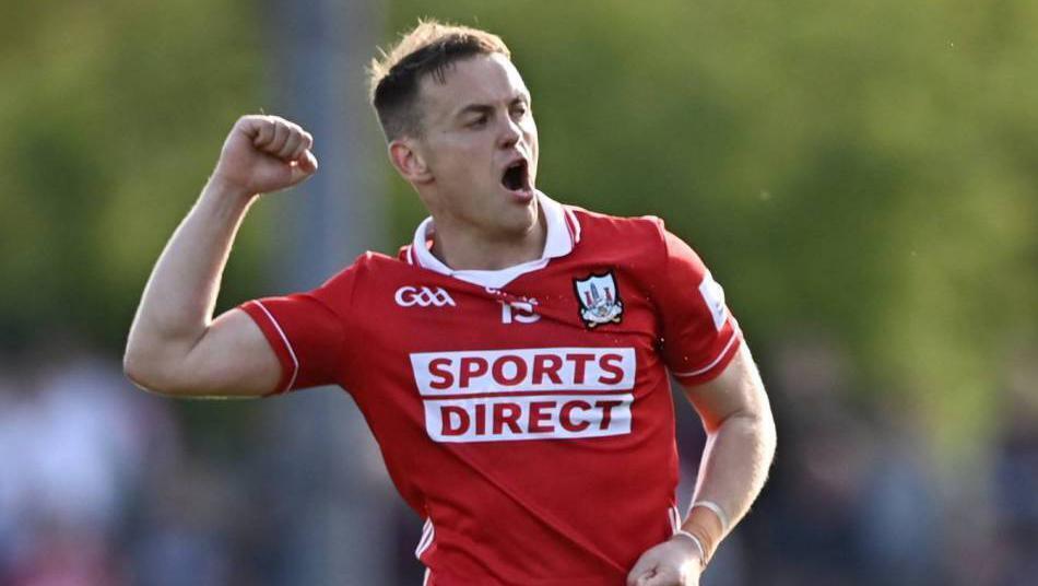 Steven Sherlock of Cork celebrates kicking a two-point score during the win over Meath. Photo by Ben McShane/Sportsfile