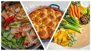 <p>Braised Rabbit and Borotti, Strawberry and Rhubarb Cobbler, and Garden Vegetables with Champagne Sauce</p>