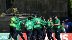 <p>Ireland players celebrate victory following the first T20I test match at Stormont, Belfast. Picture: Liam McBurney/PA Wire.</p>