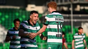 <p>Aaron Greene of Shamrock Rovers celebrates with team-mate Adam Brennan. Pic: Piaras Ó Mídheach/Sportsfile</p>