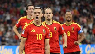 <p>Leandro Trossard celebrates the first of two in a 5-1 mauling of New Zealand. Picture: Alex Grimm/Getty</p>