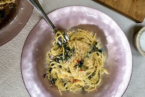 Lemon Butter Spaghetti with Cavolo Nero & Crispy Parmesan Breadcrumbs