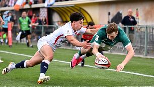 <p>Connacht winger Daniel Ryan scored a hat-trick for the Ireland U20s against England at the World Rugby Junior Championship in Georgia. Pic: Tamuna Kulumbegashvili/Sportsfile</p>