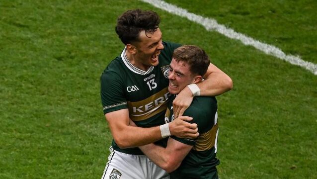 <p>Armin Heinrich of Kerry, right, celebrates with teammate David Clifford after scoring their side's second goal during the GAA Football All-Ireland Senior Championship quarter-final match between Kerry and Tyrone at Croke Park in Dublin. Photo by Sam Barnes/Sportsfile</p>
