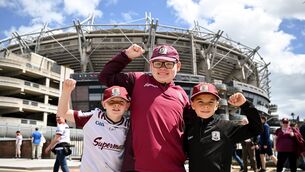 <p>G-G-GALWAY: Galway supporters from left, Ollie Conneely, 10, Max Conneely, 14, and Callum Geoghegan, 9, from Inverin before the GAA Football All-Ireland Senior Championship quarter-final between Dublin and Galway. Pic: Sam Barnes/Sportsfile.</p>