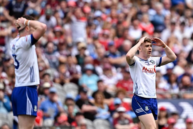Mícheál Bannigan of Monaghan reacts as a free is awarded against his side during the GAA Football All-Ireland Senior Championship quarter-final match between Louth and Monaghan at Croke Park in Dublin. Photo by Seb Daly/Sportsfile
