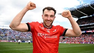 <p>Sam Mulroy of Louth celebrates after his side's victory in the GAA Football All-Ireland Senior Championship quarter-final match between Louth and Monaghan at Croke Park in Dublin. Photo by Seb Daly/Sportsfile</p>