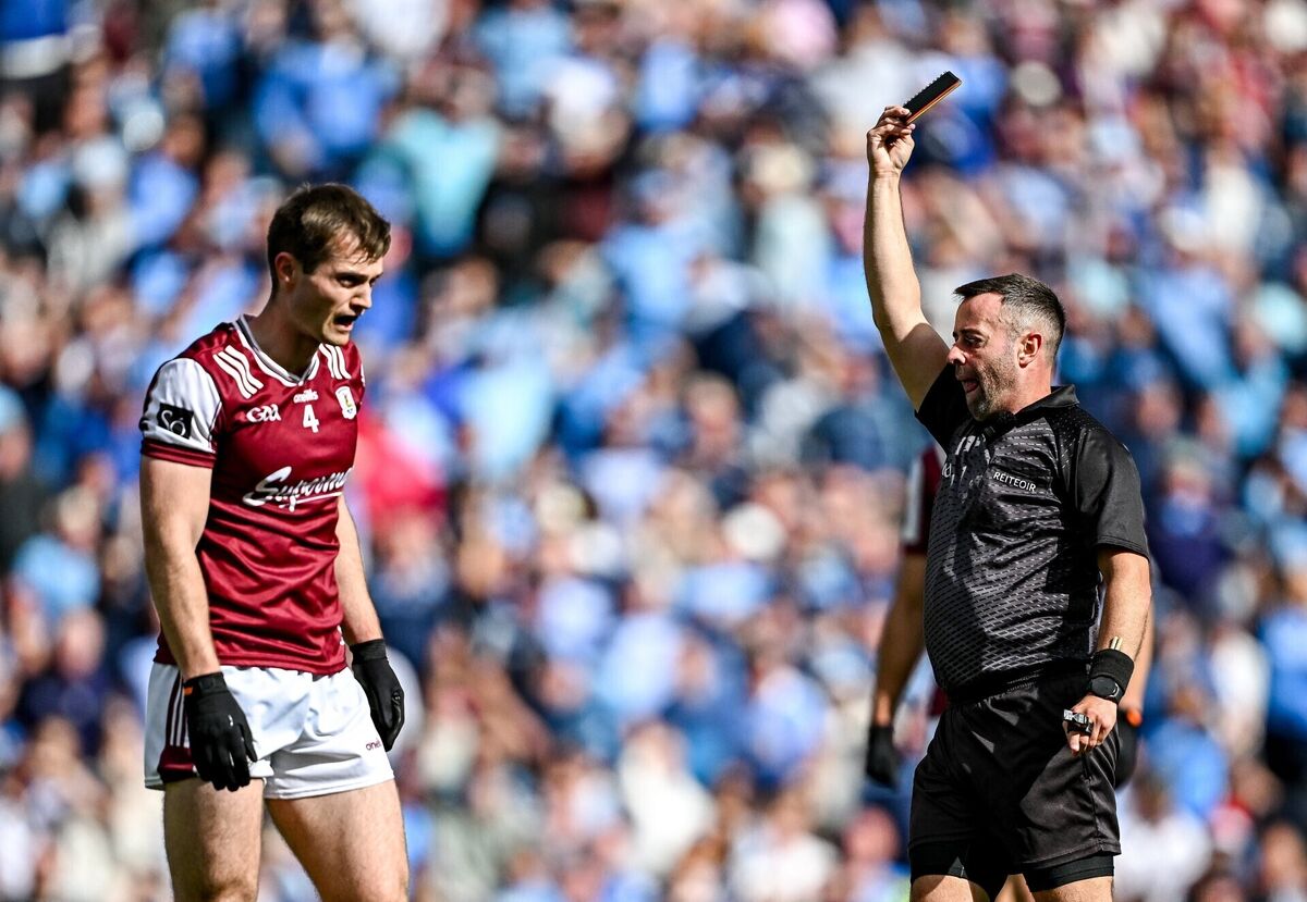 Referee David Gough shows a black card to Galway's Liam Silke during the GAA Football All-Ireland Senior Championship quarter-final match between Dublin and Galway at Croke Park in Dublin. Photo by Seb Daly/Sportsfile