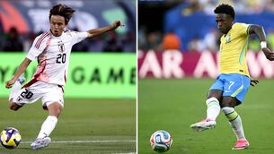 <p>Japan's midfielder Takefusa Kubo and Brazil's forward  Vinicius Junior  (Photo by Karl MONDON and Mauro PIMENTEL / AFP via Getty Images)</p>